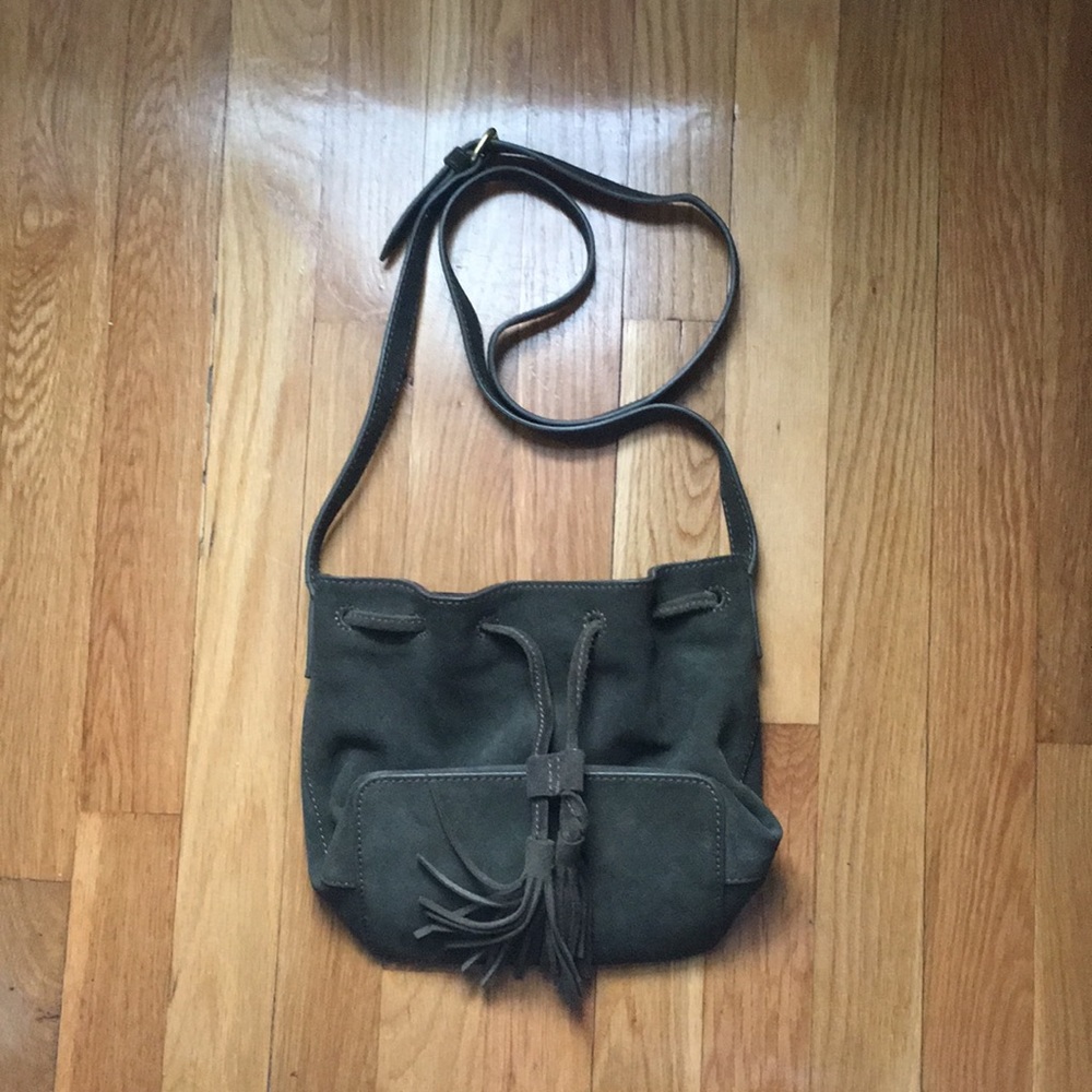 J Crew Mini Suede Bucket Bag with Tassels